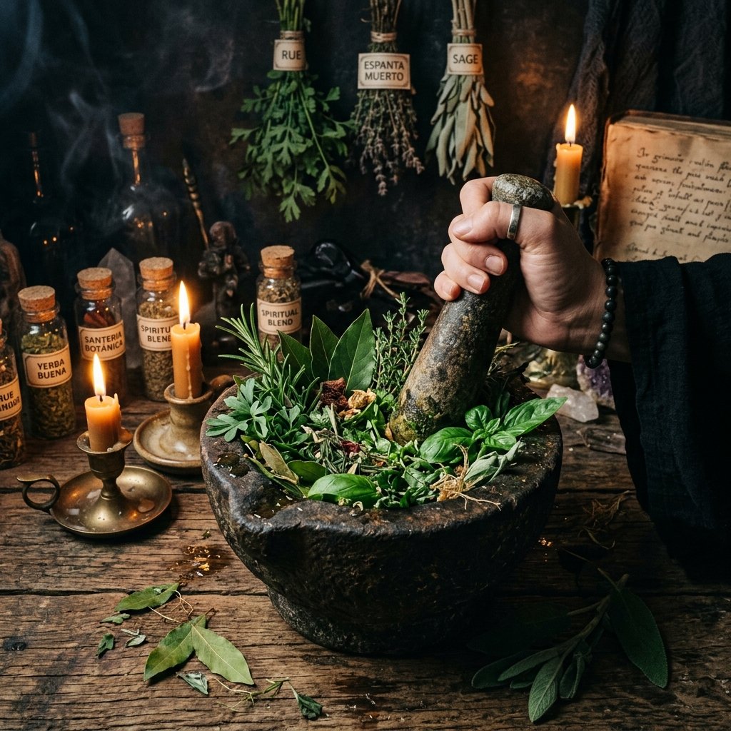 Hierbas y mortero para preparados botánicos